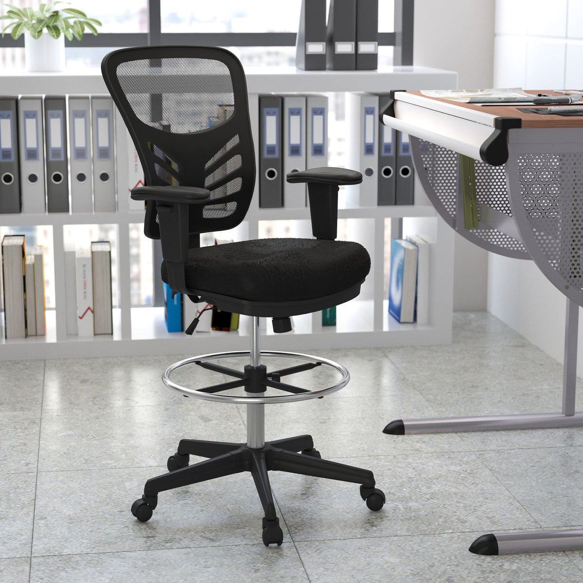 Mid-Back Black Mesh Ergonomic Drafting Chair with Adjustable Chrome
