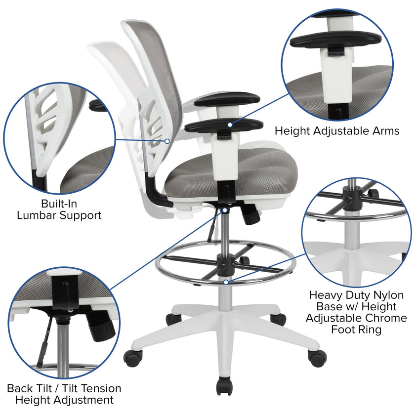 Light Gray Mesh Ergonomic Drafting Chair with Adjustable