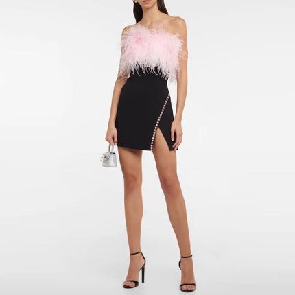Elegant New Tube Top High-end Drill Chain Feather Stitching Dress