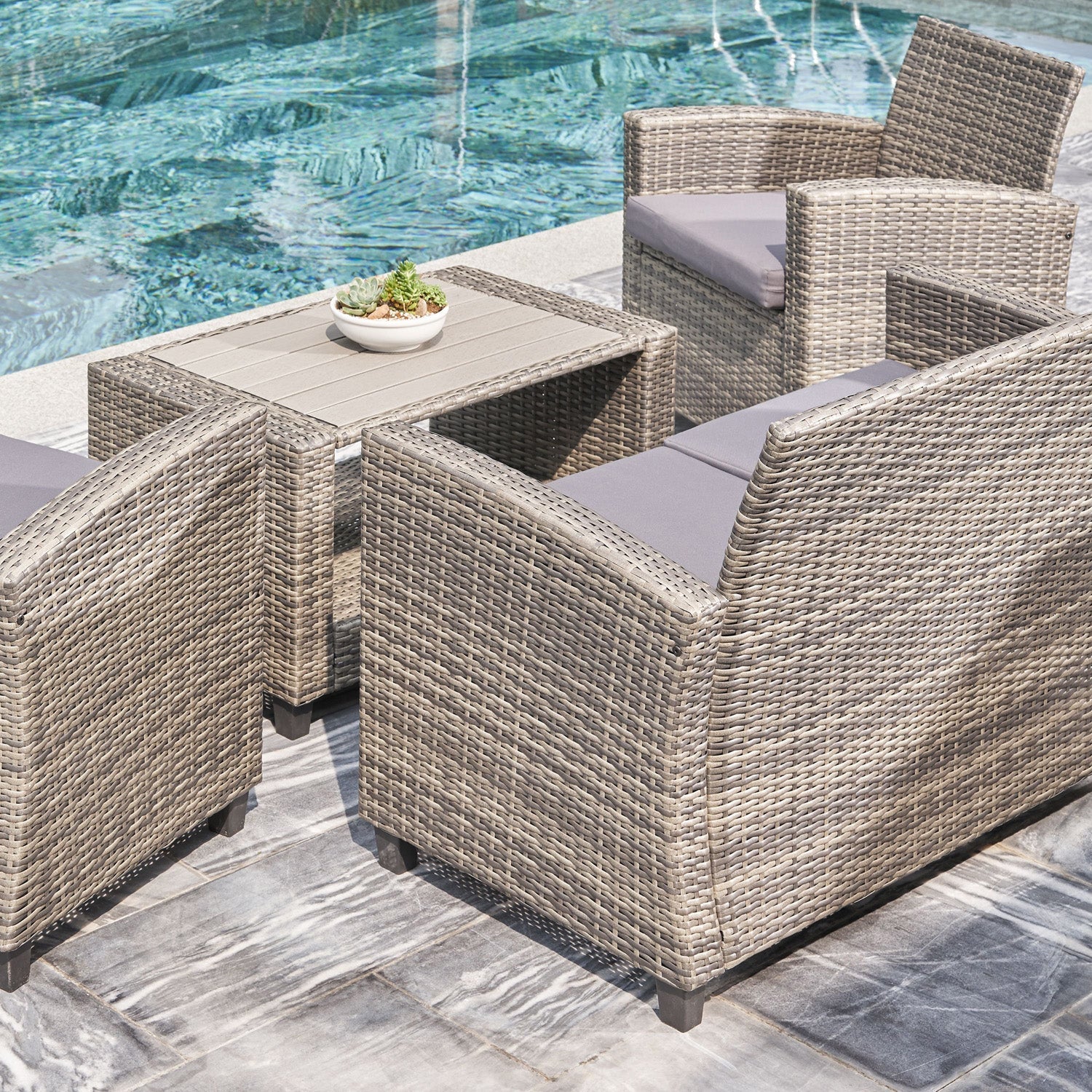 Vifah Gabrielle Resin Wicker Mixed Acacia Wood  Patio Lounge Sofa Set