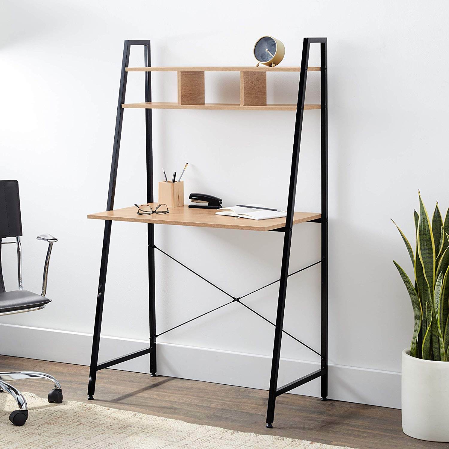 Offex Home Office Black Ladder Steel Frame Desk with Wooden Bookcase