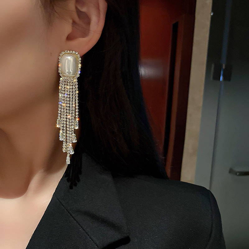 Alpscommerce Fashion Exaggerated Pearl Full Diamond Long Tassel Earrings