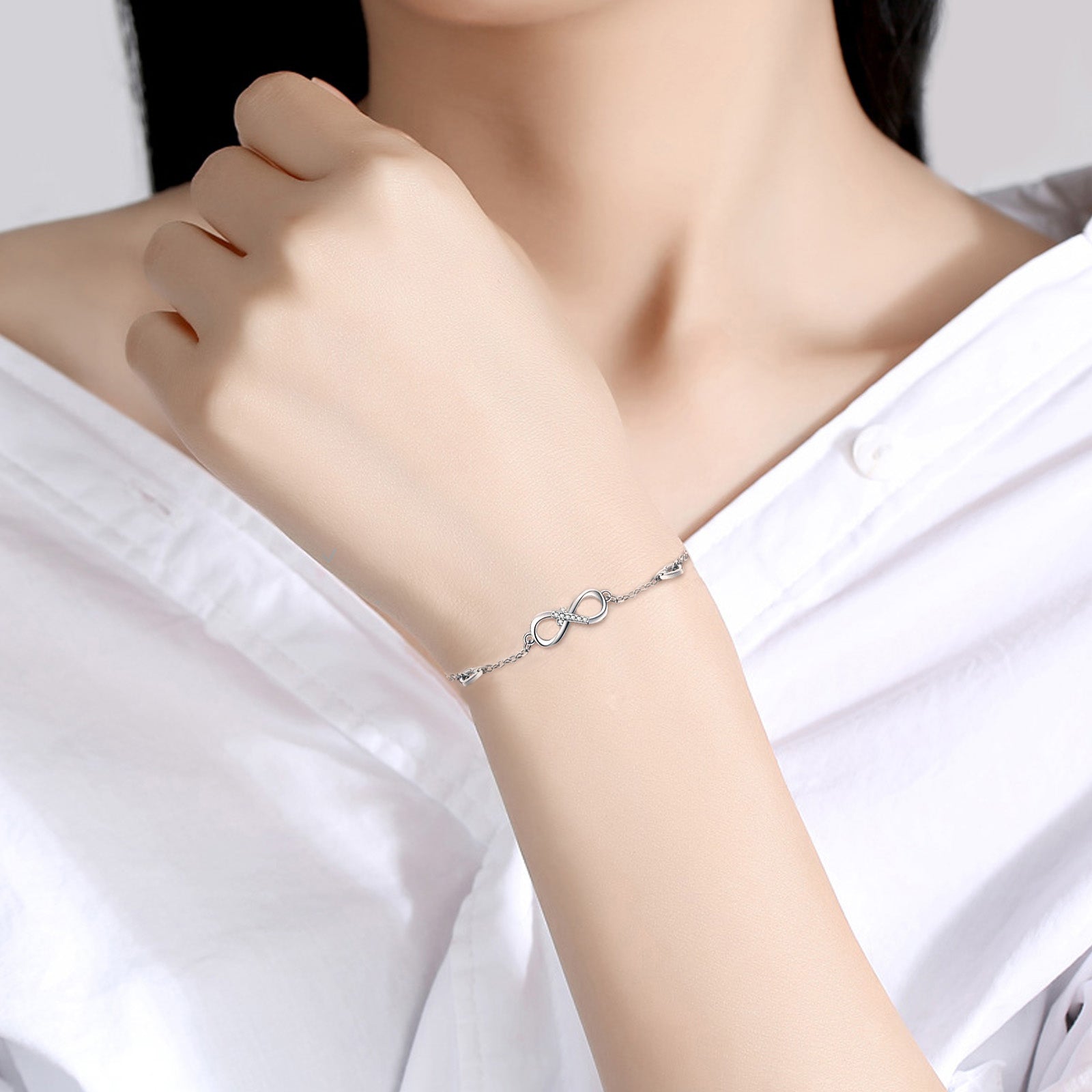 925 Sterling Silver Cubic Zirconia Infinity Cross Heart Bracelet For Women Girls Gifts