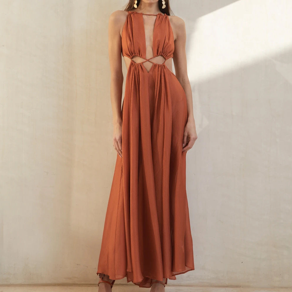 Women Dress With Halter Neck Lace And Large Swing Skirt