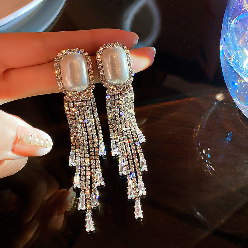 Alpscommerce Fashion Exaggerated Pearl Full Diamond Long Tassel Earrings