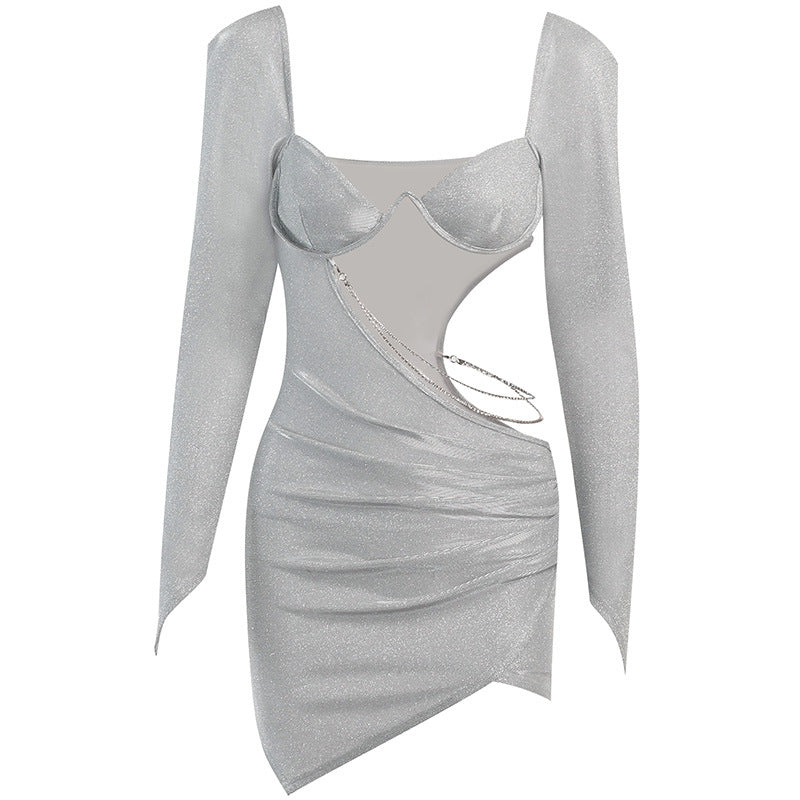 Long Sleeve Hollowed Out Drill Strip Bag Hip Skirt