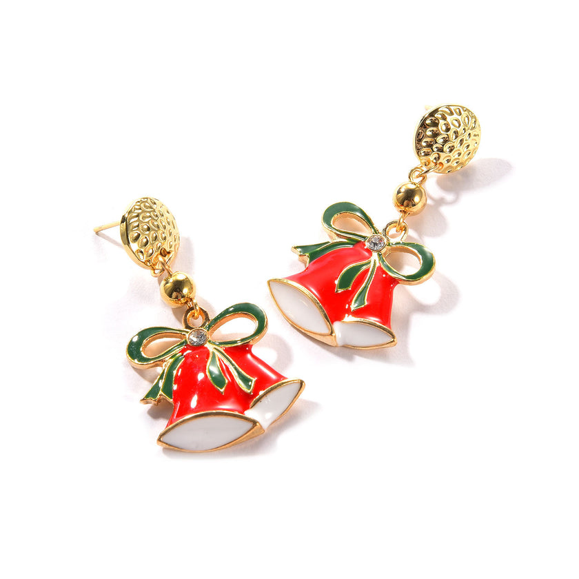 Ladies Christmas Drop Oil Christmas Bell Pendant Stud Earrings