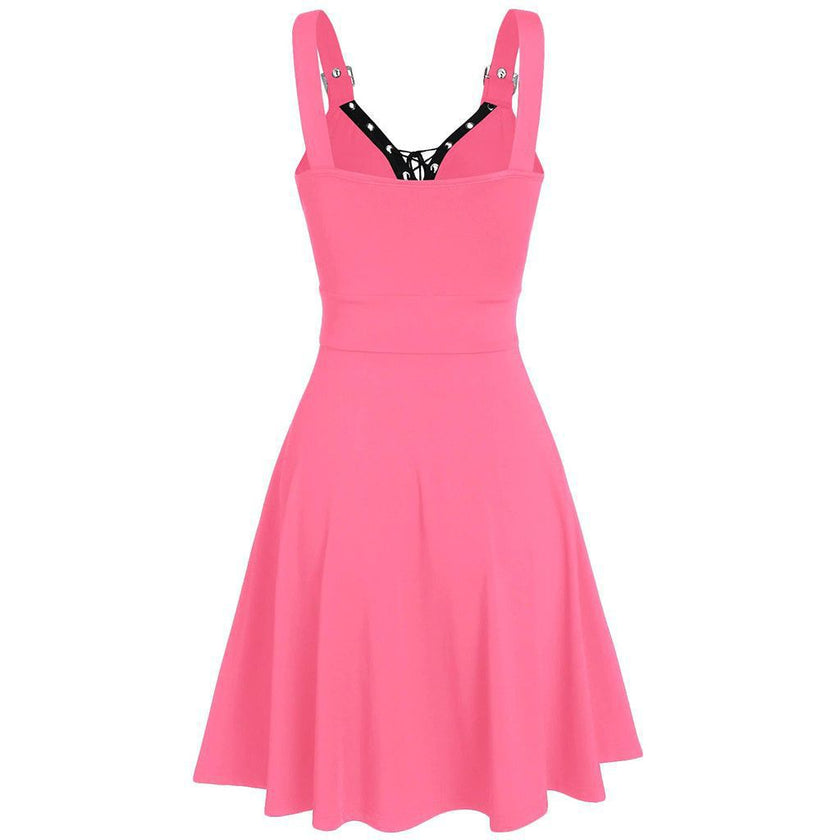 Women's Fashion Punk Style Sleeveless Straps Loose Big Hem Halter Dress