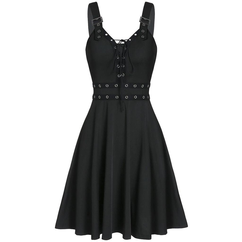 Women's Fashion Punk Style Sleeveless Straps Loose Big Hem Halter Dress