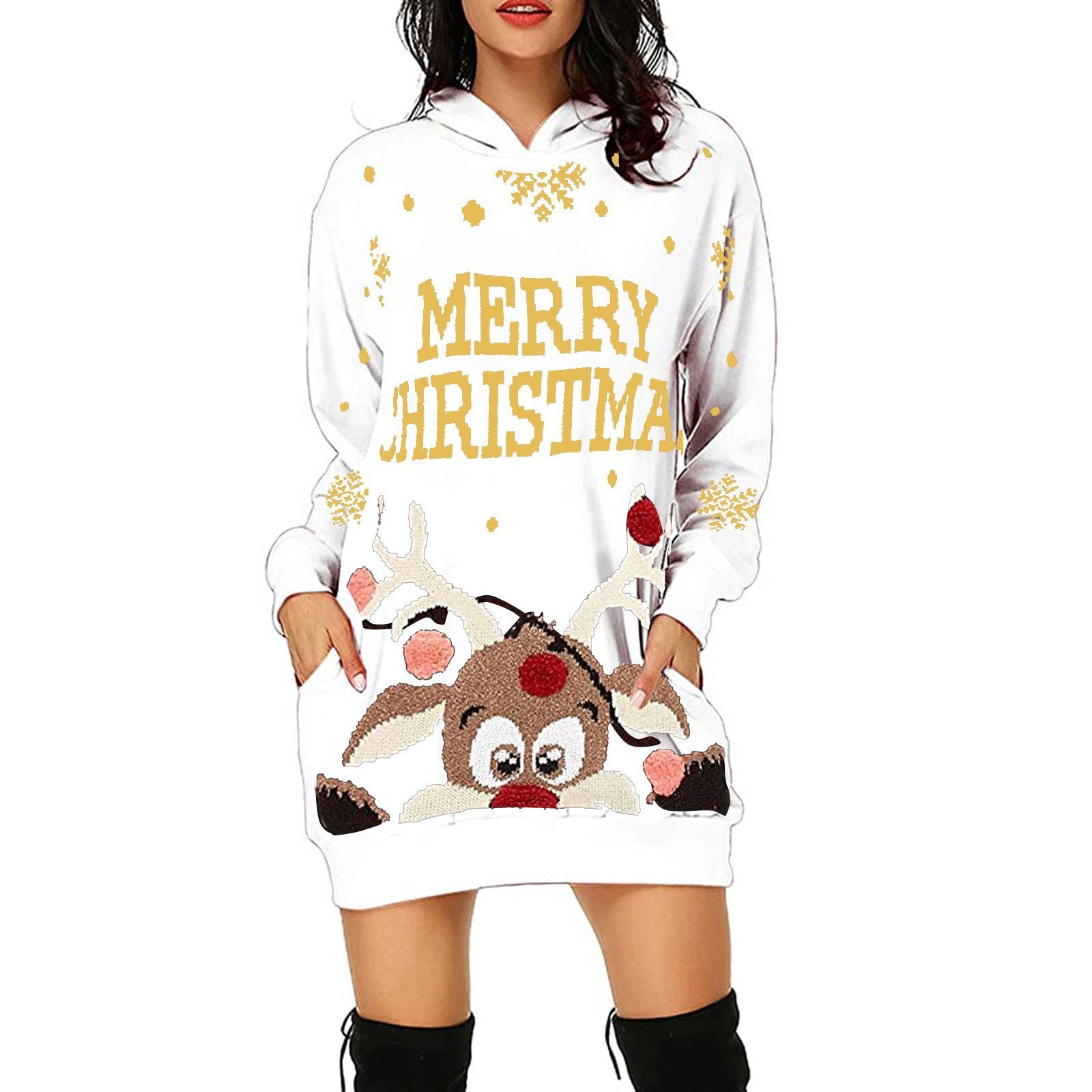 Women's Printed Mid-length Pocket Hooded Long Sleeve Sweatshirt
