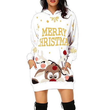 Women's Printed Mid-length Pocket Hooded Long Sleeve Sweatshirt