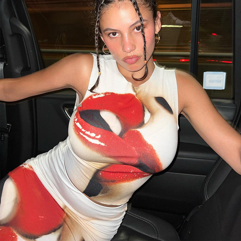 Printed Personality Street Style Chest Wrap Slim Long Skirt Suit