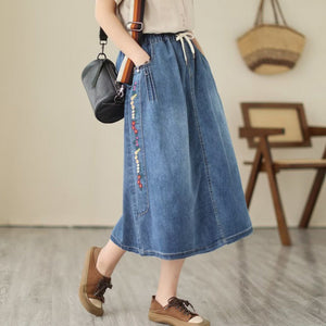 New Real-life Denim Embroidery Casual Loose Fitting Skirt For Women