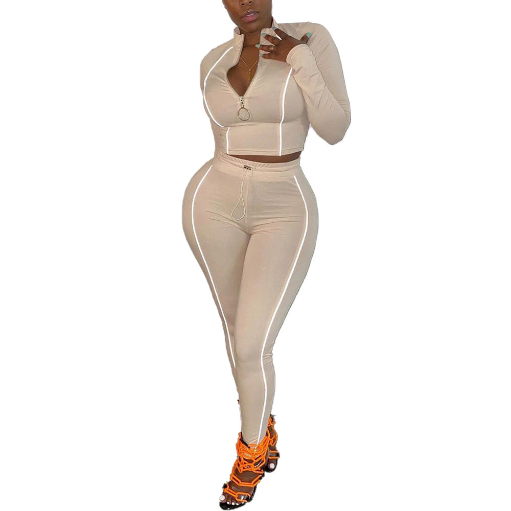 Women 2 Piece Activewear Set Long Sleeve Zip Top Leggings gym