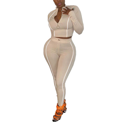 Women 2 Piece Activewear Set Long Sleeve Zip Top Leggings gym