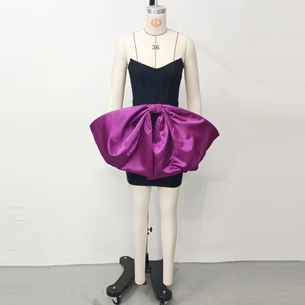 Design Horn Purple Big Bow Strapless Dress Drawstring Tied Dress