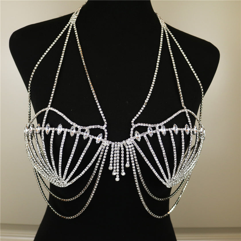 Women's Fashion Accessories Shell Rhinestone Bra Fringe Body Chain