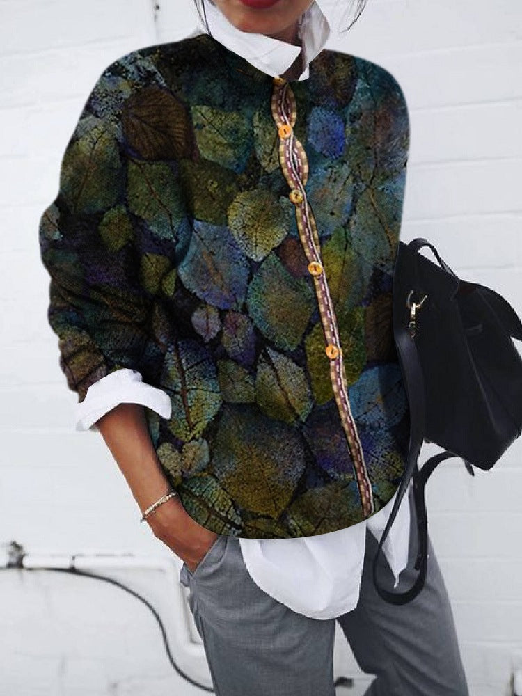 Women's Brushed Leaf Print Cardigan Long Sleeve Top