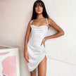 Women's Summer Satin Ruched Bodycon Spaghetti Strap  Mini Dress