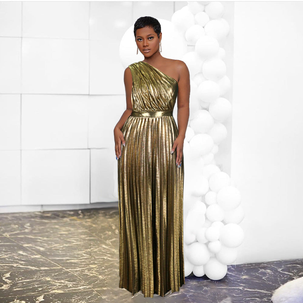 One-shoulder Backless Pleated Skirt High Waist