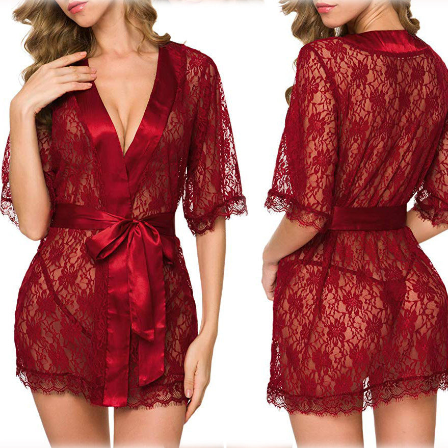 Lingerie Women Lace Hollow-out Robe Suits Pajamas silk