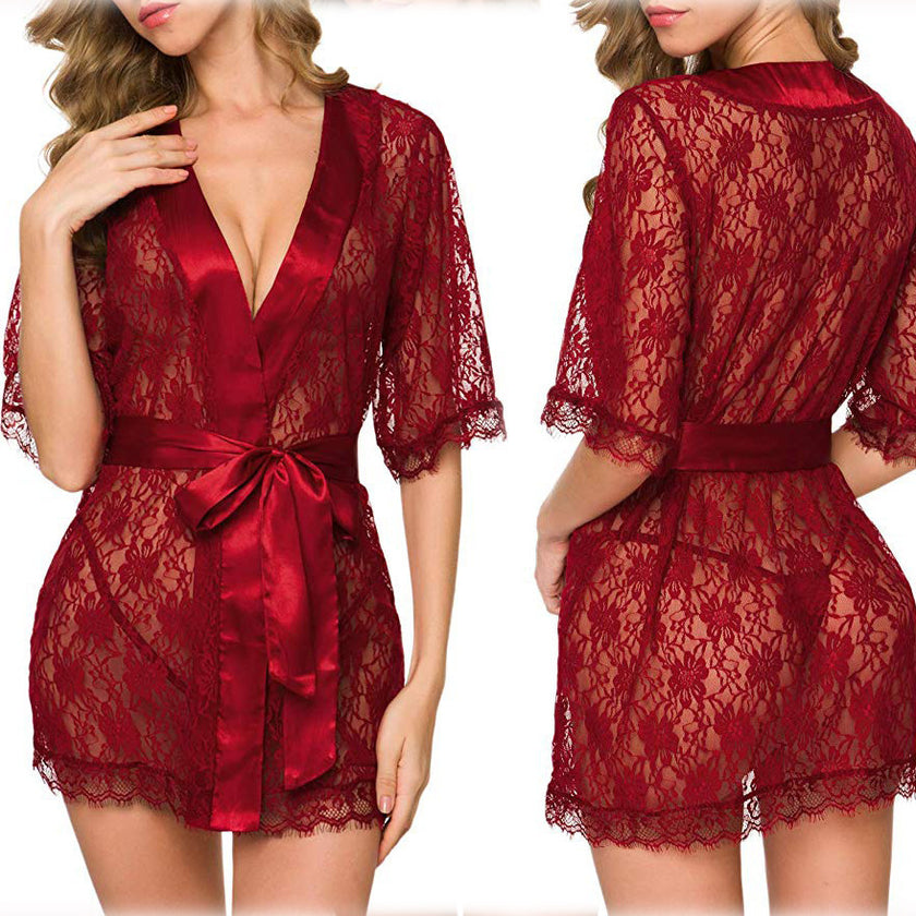 Lingerie Women Lace Hollow-out Robe Suits Pajamas silk
