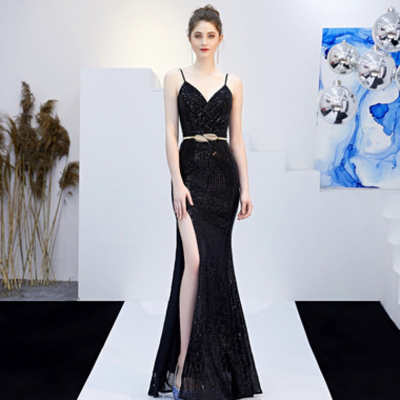 Long Host Deep V Sexy Fishtail Sequined Dress