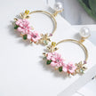 Trendy Cute Pink Flower Earrings For Women Girls Jewelry Female Rhinestone Gold Metal Round Circle Earrings Gift