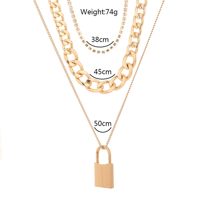Diamond-studded Multi-layered Chain Pendant Necklace with Heavy Metal Chain