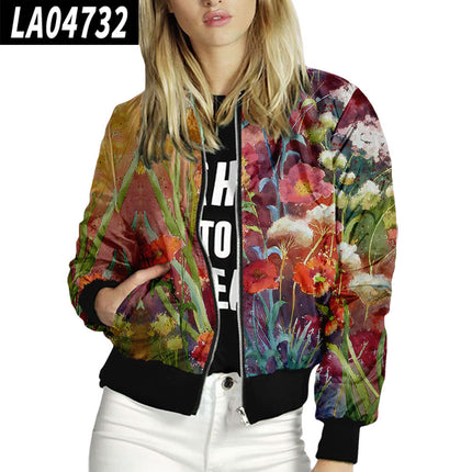 Women Stand Up Collar Baseball Uniform Floral Pattern