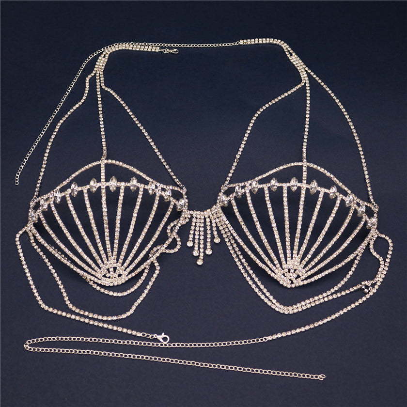 Women's Fashion Accessories Shell Rhinestone Bra Fringe Body Chain