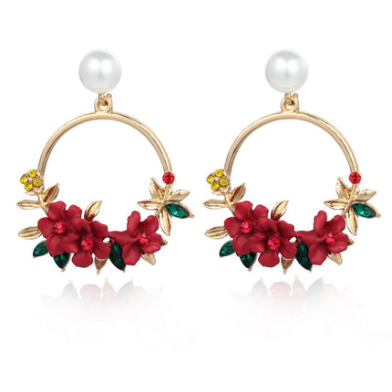 Trendy Cute Pink Flower Earrings For Women Girls Jewelry Female Rhinestone Gold Metal Round Circle Earrings Gift