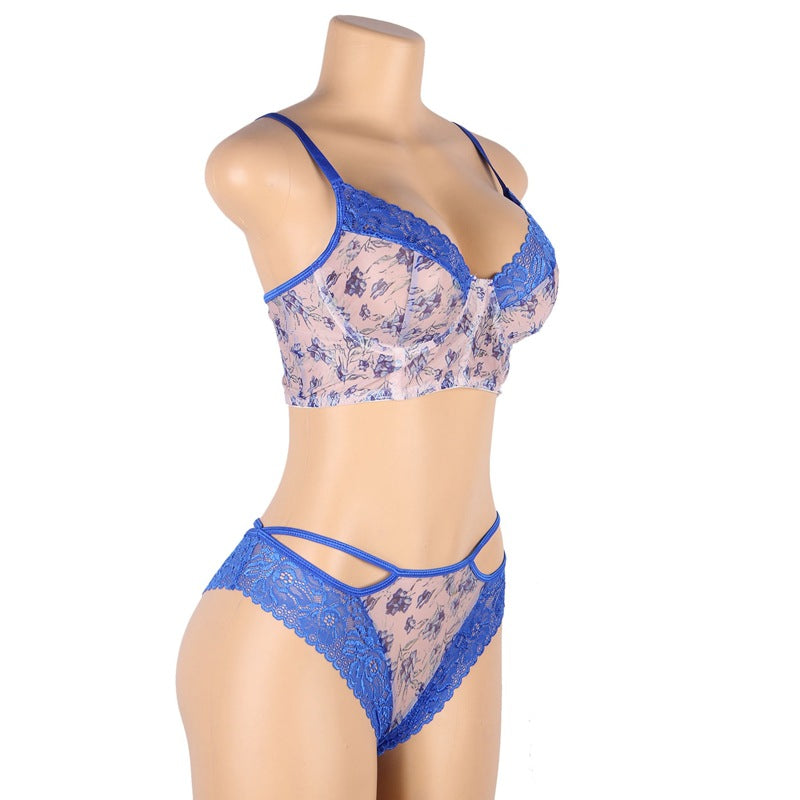 Women's Fashion Hollow Tie Blue Flower Bra Set