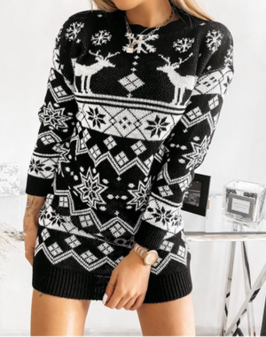 Elk Christmas Jacquard Long Sleeve Woolen Dress