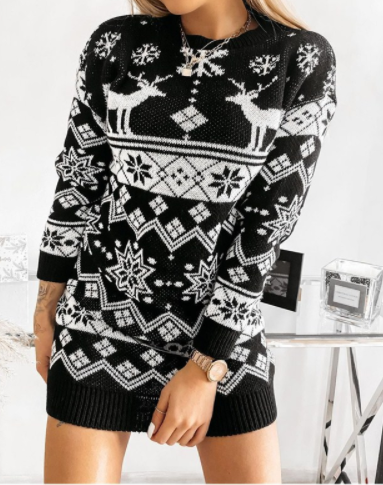 Elk Christmas Jacquard Long Sleeve Woolen Dress