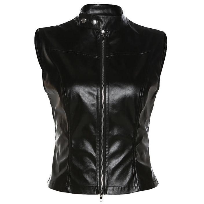 Women's Fashion Standing Collar Slim PU Small Undershirt