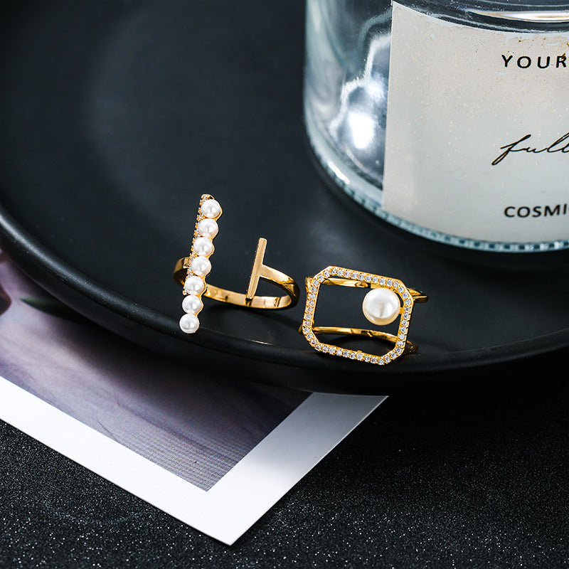 Design Ring Micro-set Zircon Hollow Square Pearl Ring