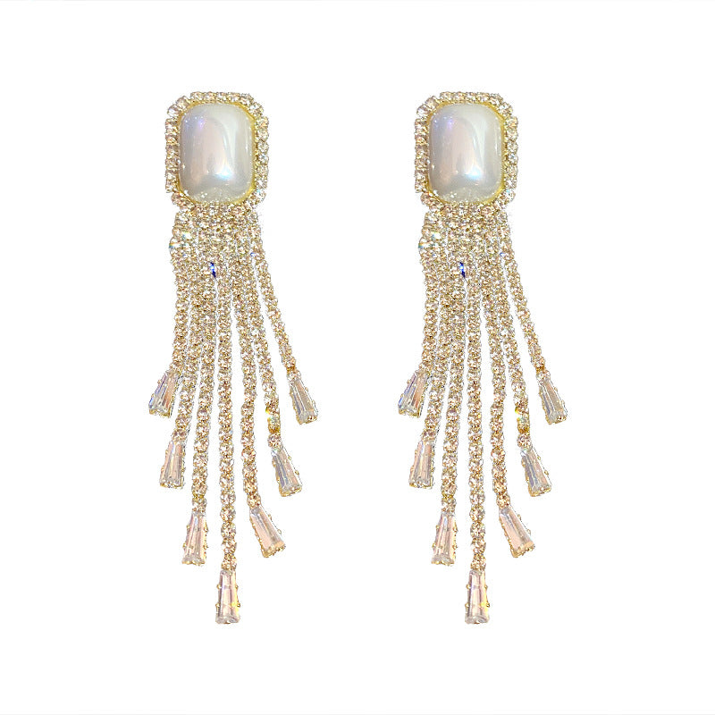 Alpscommerce Fashion Exaggerated Pearl Full Diamond Long Tassel Earrings