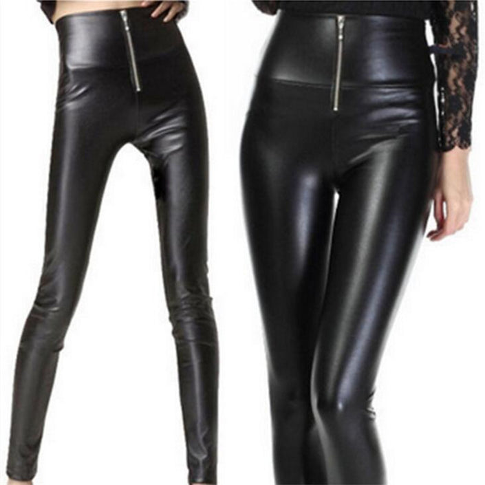 Ladies Black Solid Color Slim Zipper PU Leather Leggings