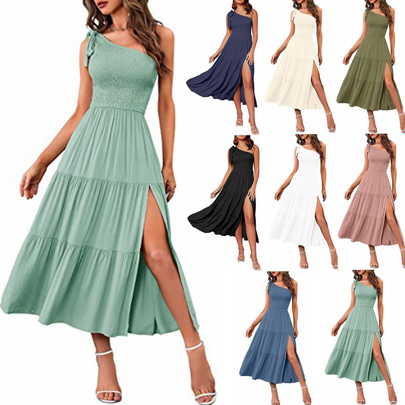 Fashion Women's One-shoulder Pleated Layered Hem Split Dress