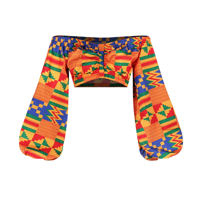Printed African Style Women's Suit One-way Neck Top Split Skirt
