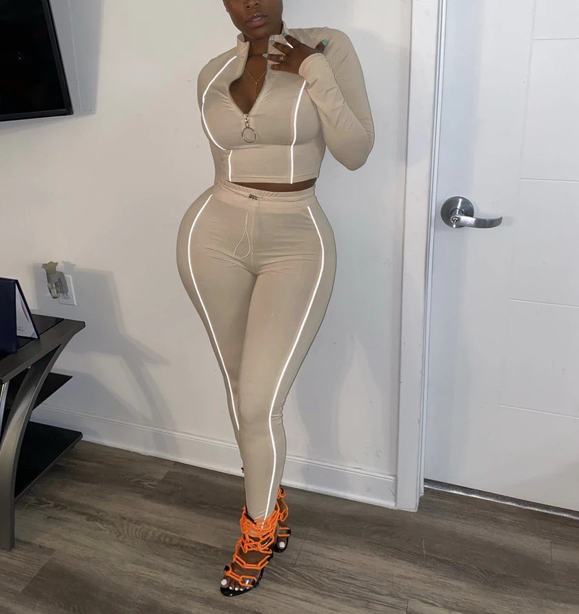 Women 2 Piece Activewear Set Long Sleeve Zip Top Leggings gym