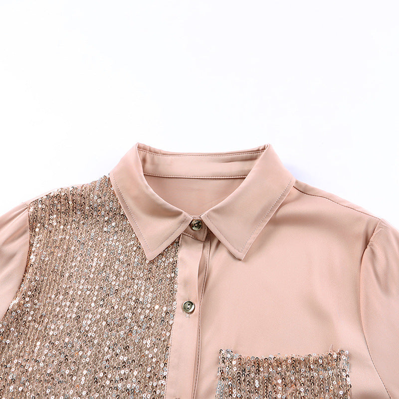 Sequined Pocket Shirt Dress New Long Sleeve Lapel Mid-length Skirt