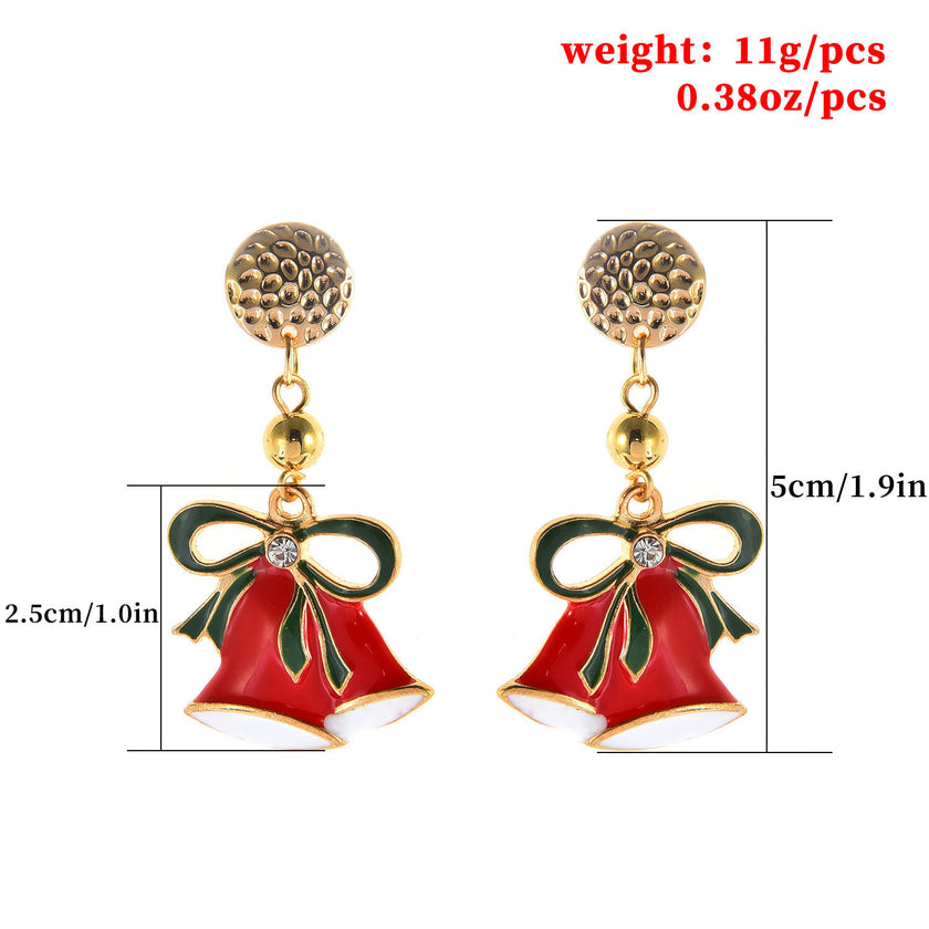 Ladies Christmas Drop Oil Christmas Bell Pendant Stud Earrings