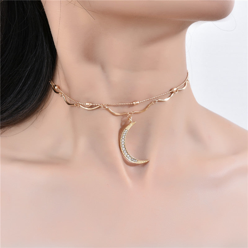 Full Diamond Moon Pendant Layered Pendant Necklace