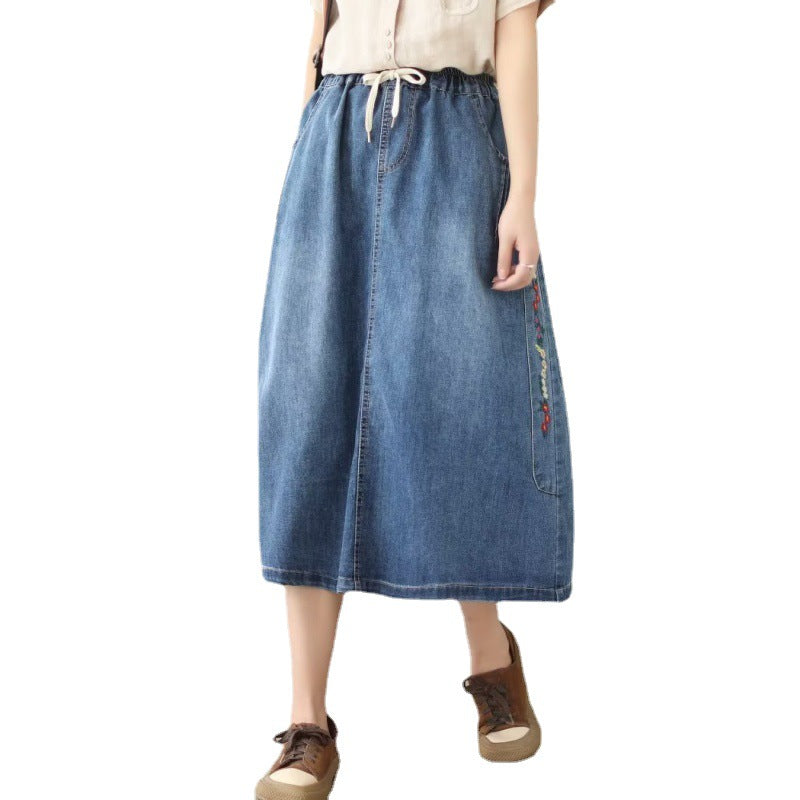 New Real-life Denim Embroidery Casual Loose Fitting Skirt For Women