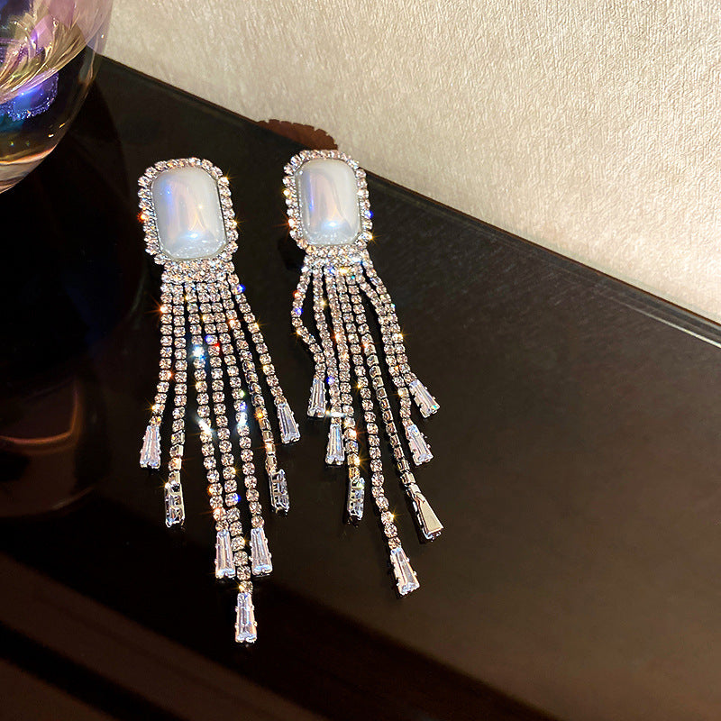 Alpscommerce Fashion Exaggerated Pearl Full Diamond Long Tassel Earrings