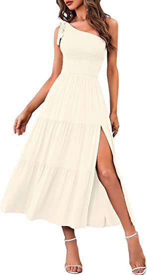Fashion Women's One-shoulder Pleated Layered Hem Split Dress