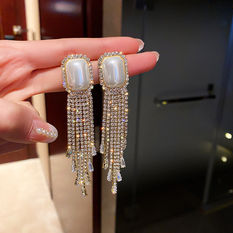 Alpscommerce Fashion Exaggerated Pearl Full Diamond Long Tassel Earrings