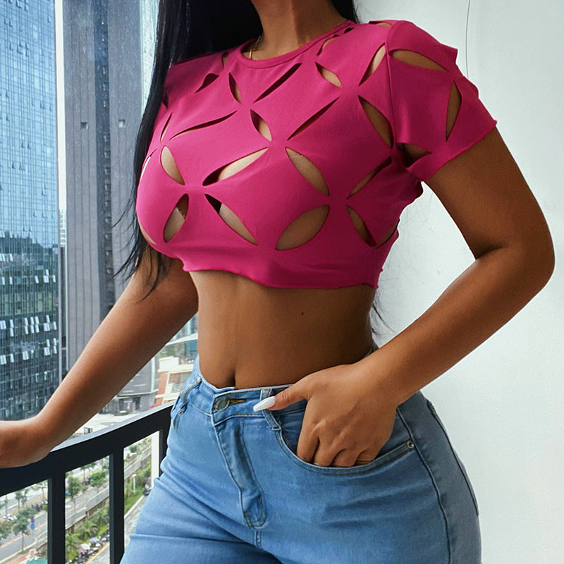Knitted Round Neck Hollowed Out Short Sleeved Top For Women T-shirt sexy dress